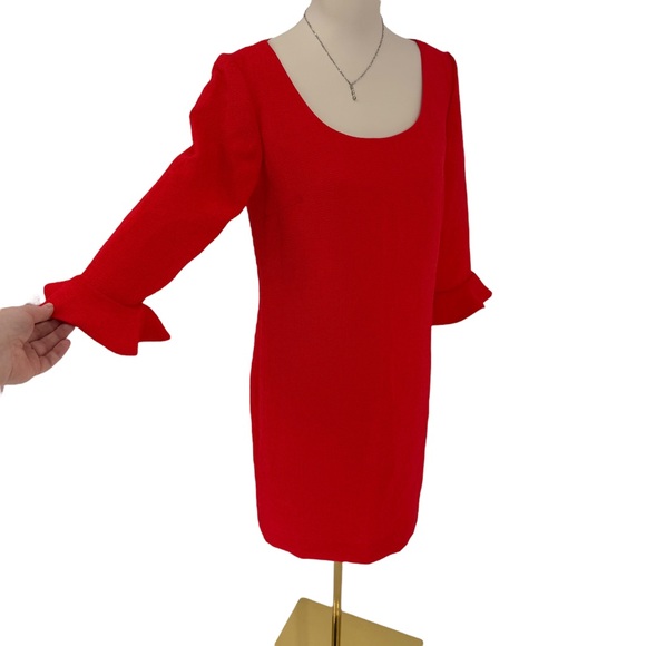 ANN TAYLOR Red Crepe Flouncy Lined 3/4 Ruffle Bell Fluted Sleeve Dress Sz 6 NWT - Picture 5 of 13